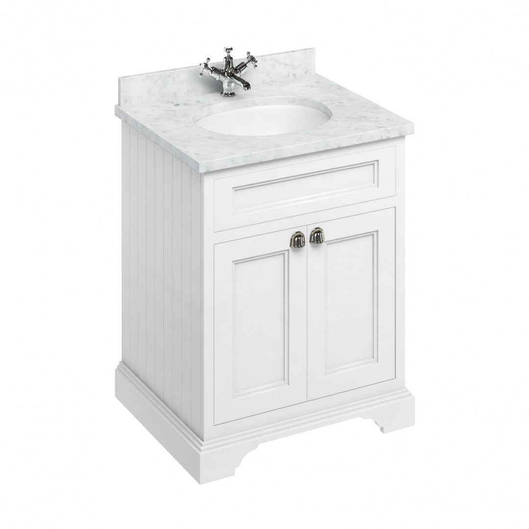 Burlington Floor Standing 650 Two Door Vanity Unit With White Marble Worktop and Integrated Basin Deluxe Bathrooms Ireland