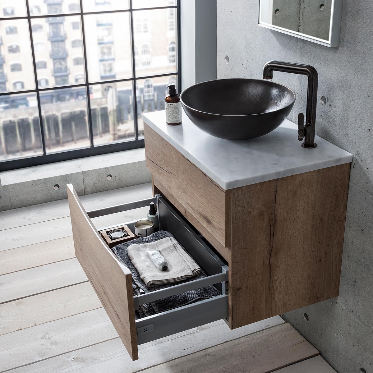 Crosswater Glide II Double Drawer Wall Hung Vanity Unit With Marble Effect Worktop