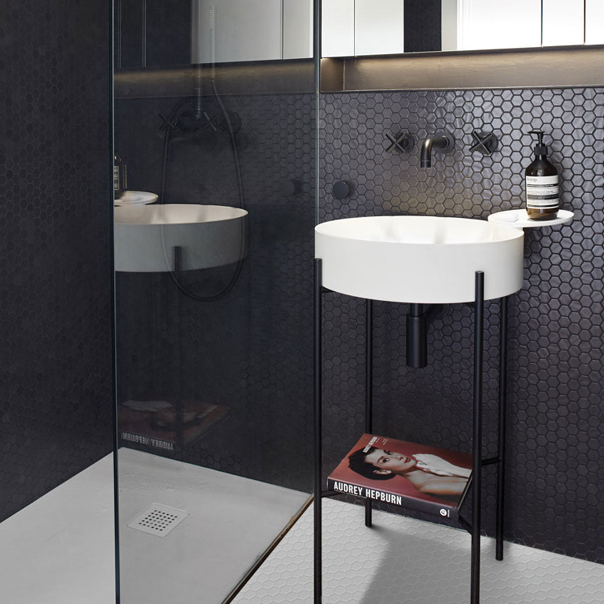 Deluxe Flower Hexagon Mosaic Porcelain Tile Black Matte