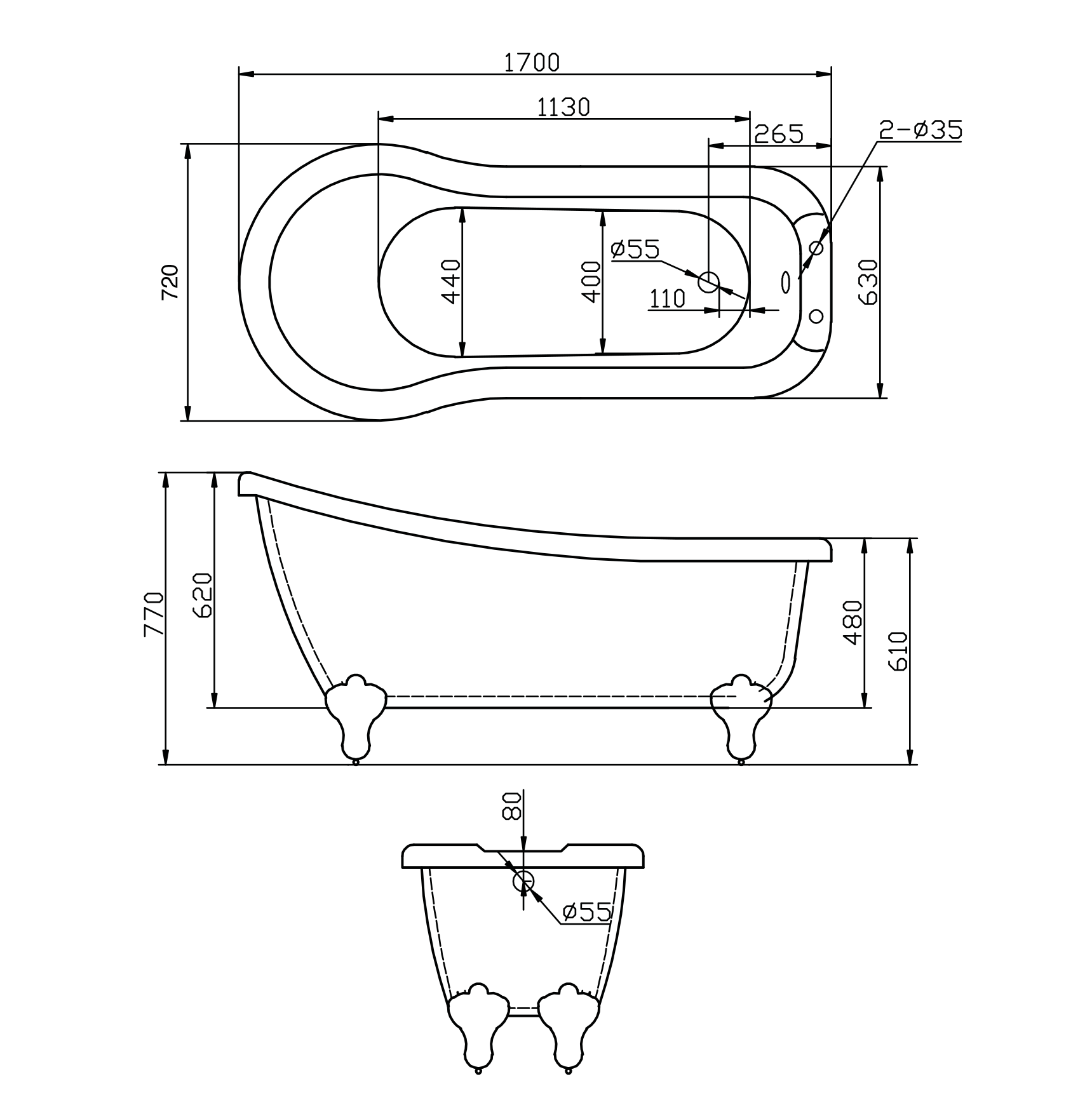 Shelbourne Floor Standing Traditional Single Ended Slipper Acrylic Bath