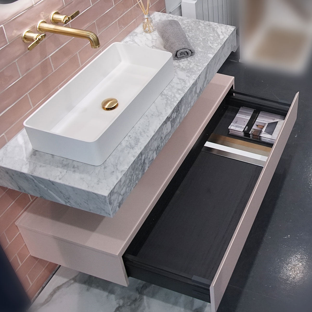 Fiora Making Designer Single Drawer Wall Hung Vanity Unit with Floating Worktop