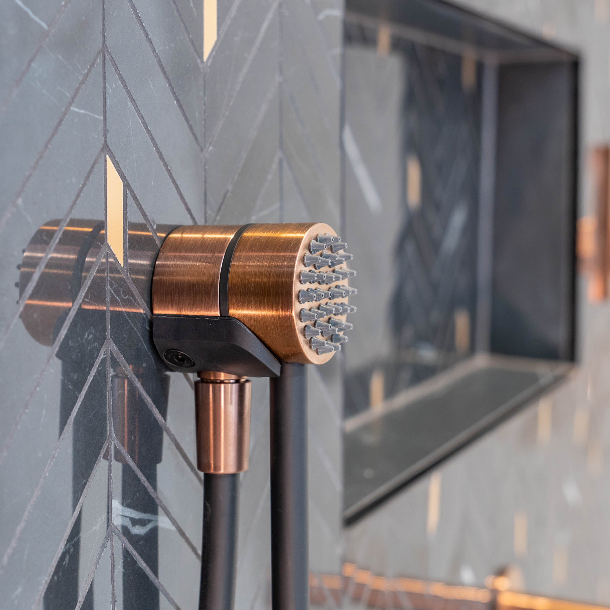 gessi hifi compact magnetic shower set with black hose water outlet copper brushed lifestyle