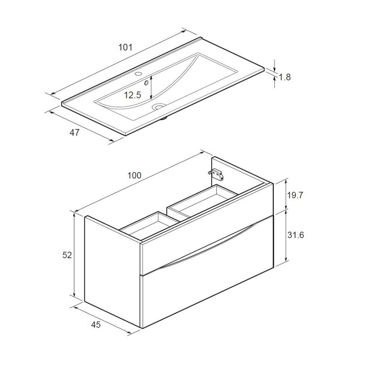 Crosswater Glide II Two Drawer Wall Hung Vanity Unit With Ice White Glass Basin