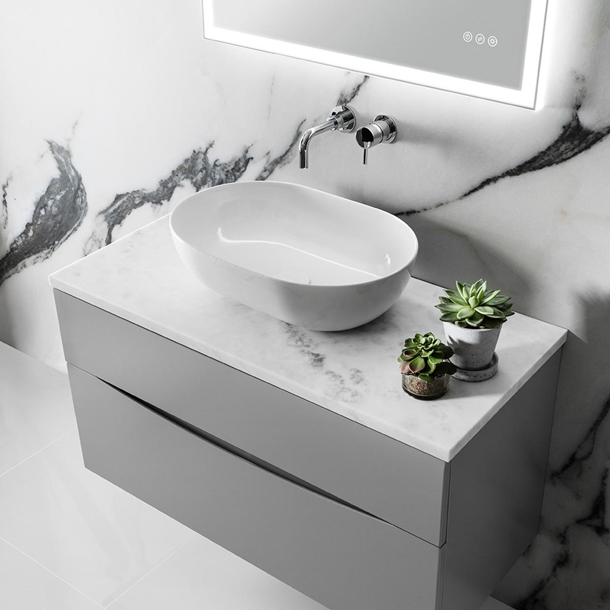 Crosswater Glide II Double Drawer Wall Hung Vanity Unit With Marble Effect Worktop