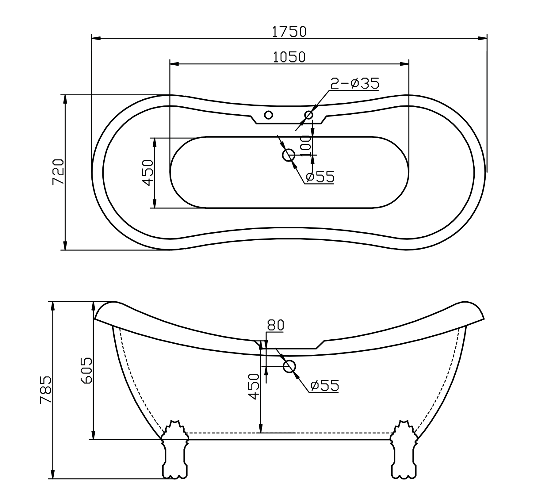 Hampton Traditional Double Ended Slipper Freestanding Acrylic Bath