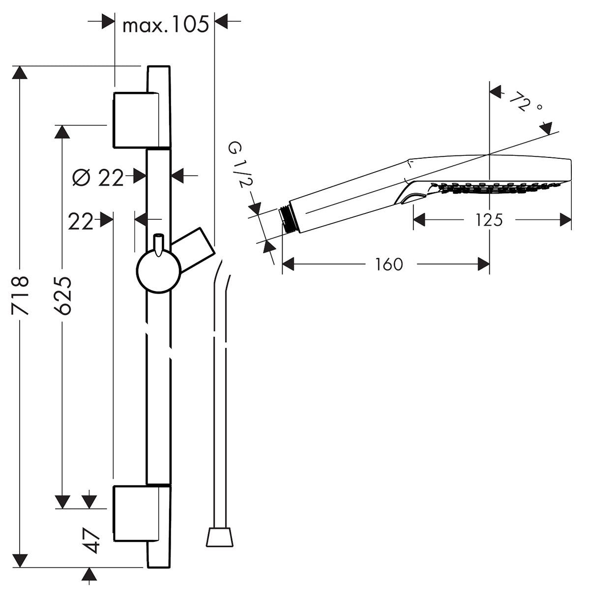 Hansgrohe select handset shower dimensions