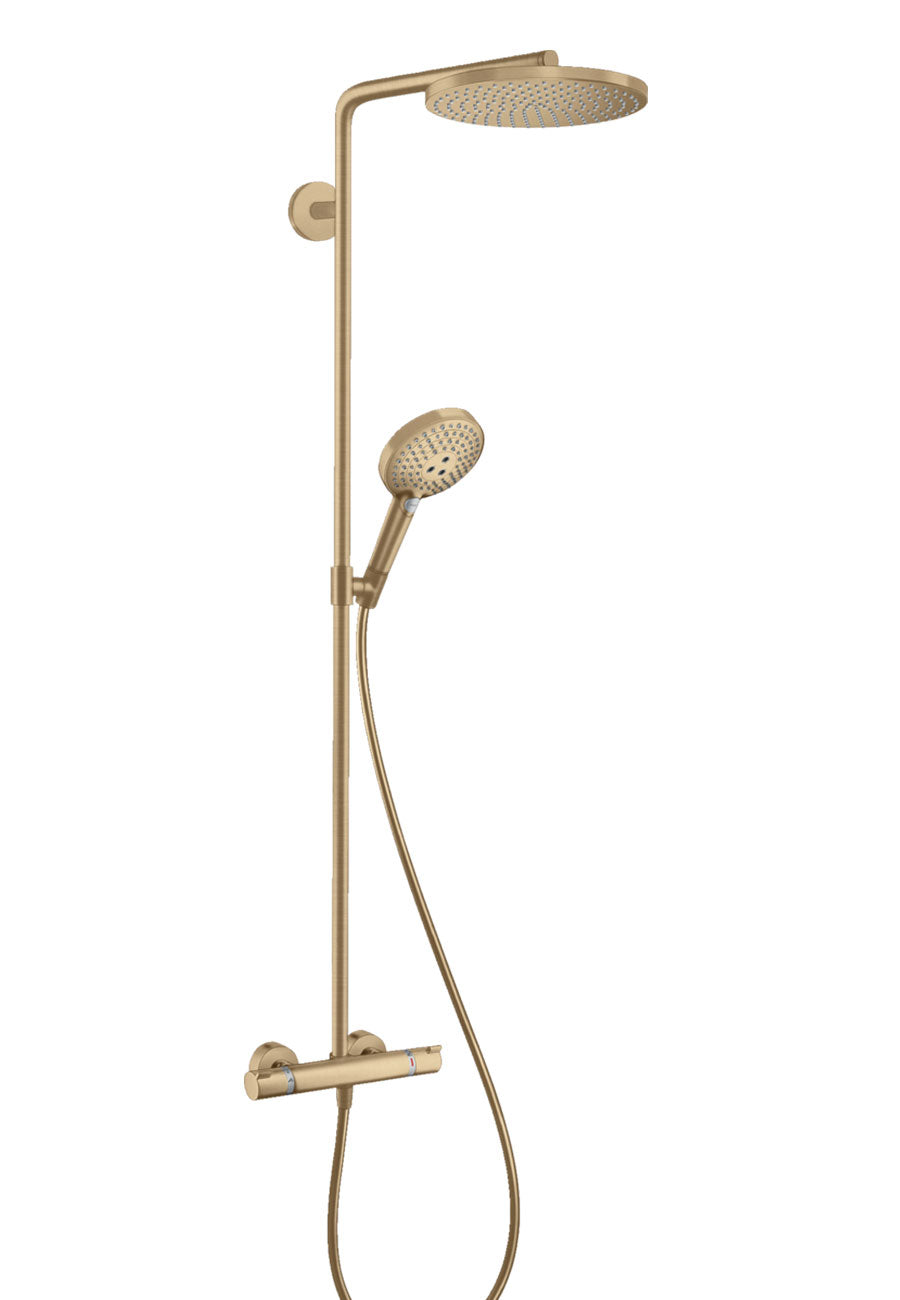 Hansgrohe PowderRain 240 Exposed 2 Outlet Rigid Riser Thermostatic Shower Kit With Overhead Shower and Handset - Brushed Bronze