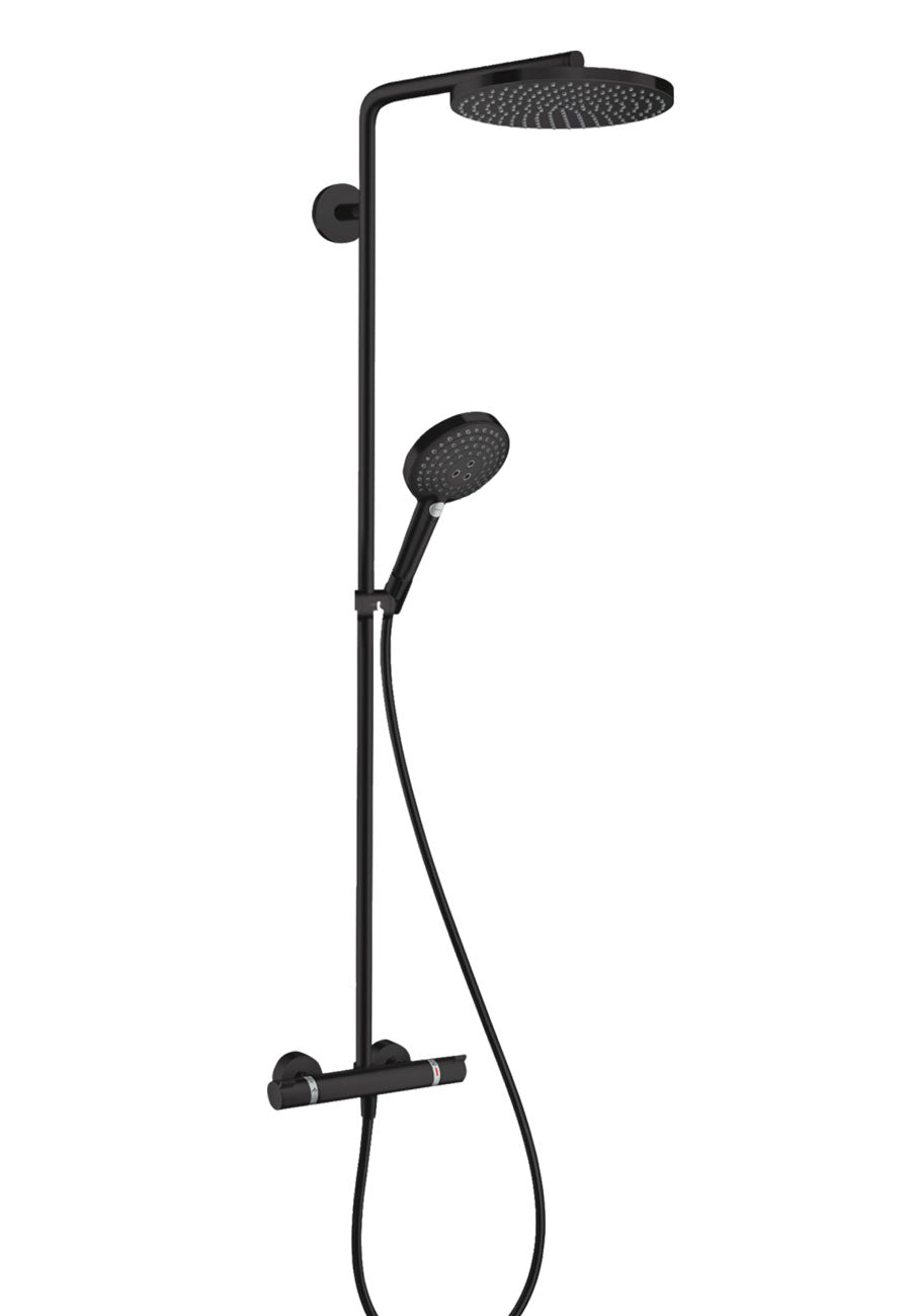 Hansgrohe PowderRain 240 Exposed 2 Outlet Rigid Riser Thermostatic Shower Kit With Overhead Shower and Handset - Matt Black
