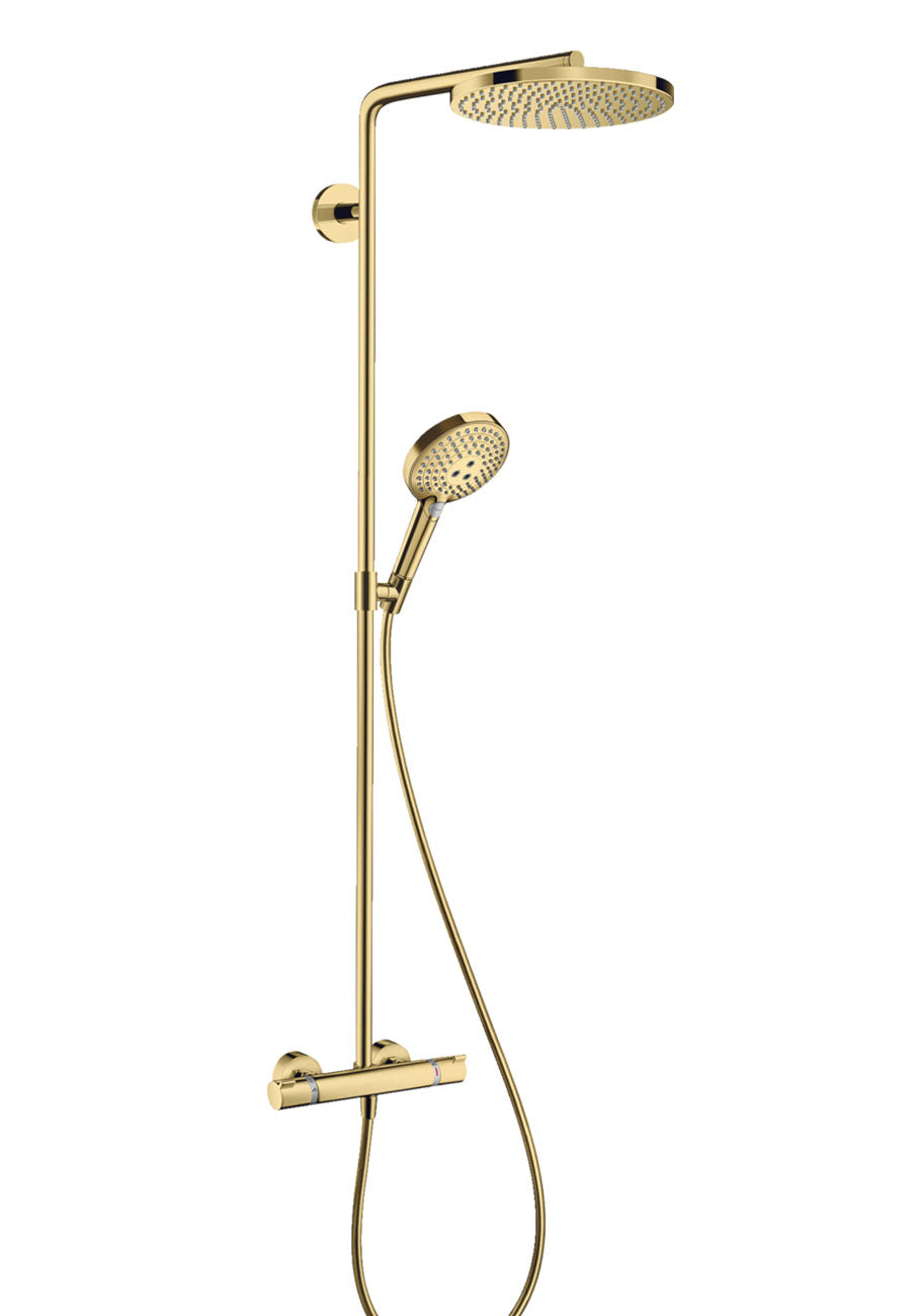 Hansgrohe PowderRain 240 Exposed 2 Outlet Rigid Riser Thermostatic Shower Kit With Overhead Shower and Handset - Polished Gold Optic