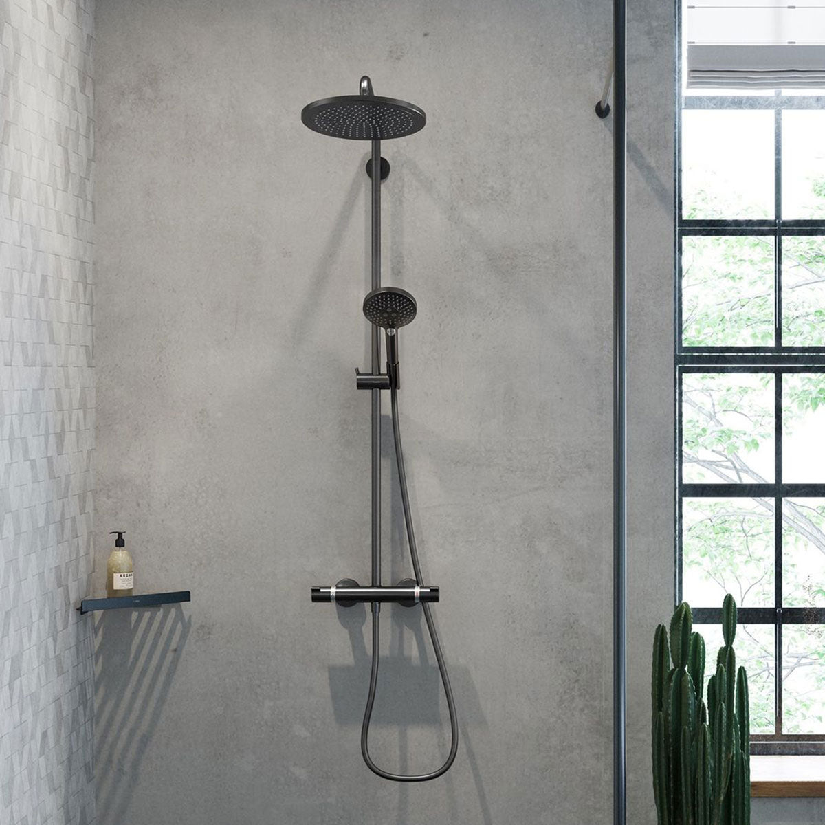 Hansgrohe Thermostatic Exposed Bar with PowderRain 240 Rigid Riser Shower Kit - Matt Black