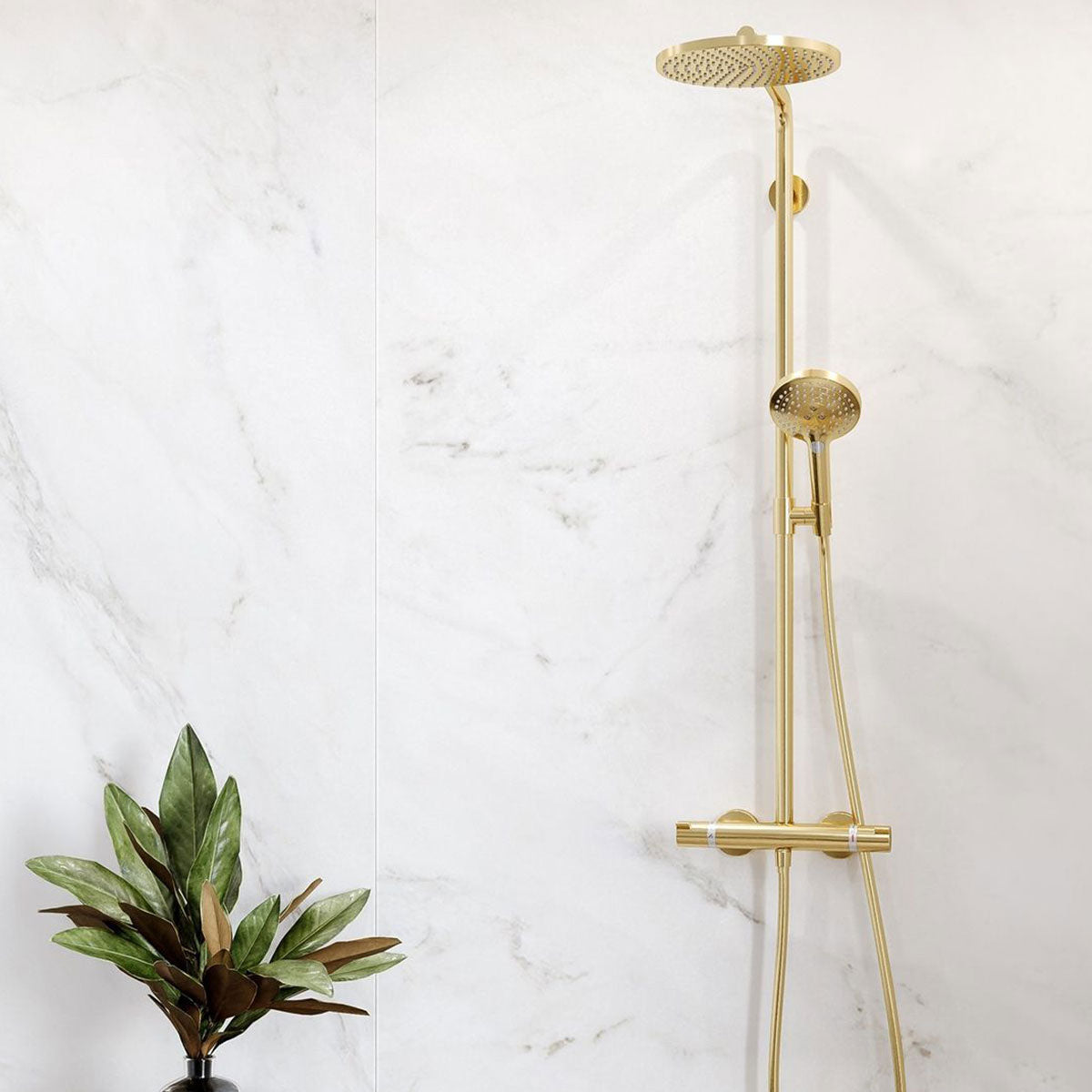 Hansgrohe Thermostatic Exposed Bar with PowderRain 240 Rigid Riser Shower Kit - Polished Gold