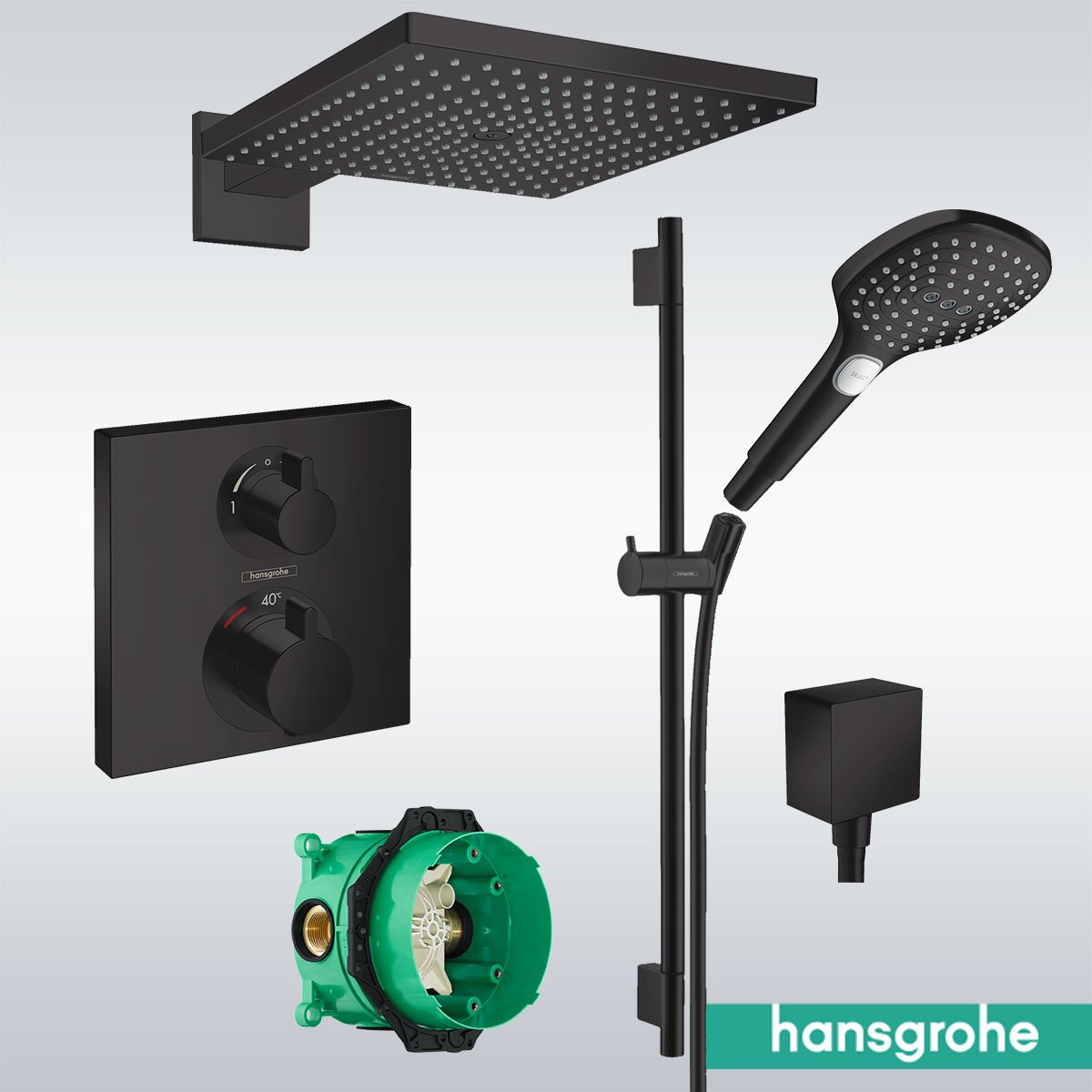 Hansgrohe Square 2 Outlet Concealed Thermostatic Valve With Overhead Shower and Handset Slide Rail Kit - Matt Black