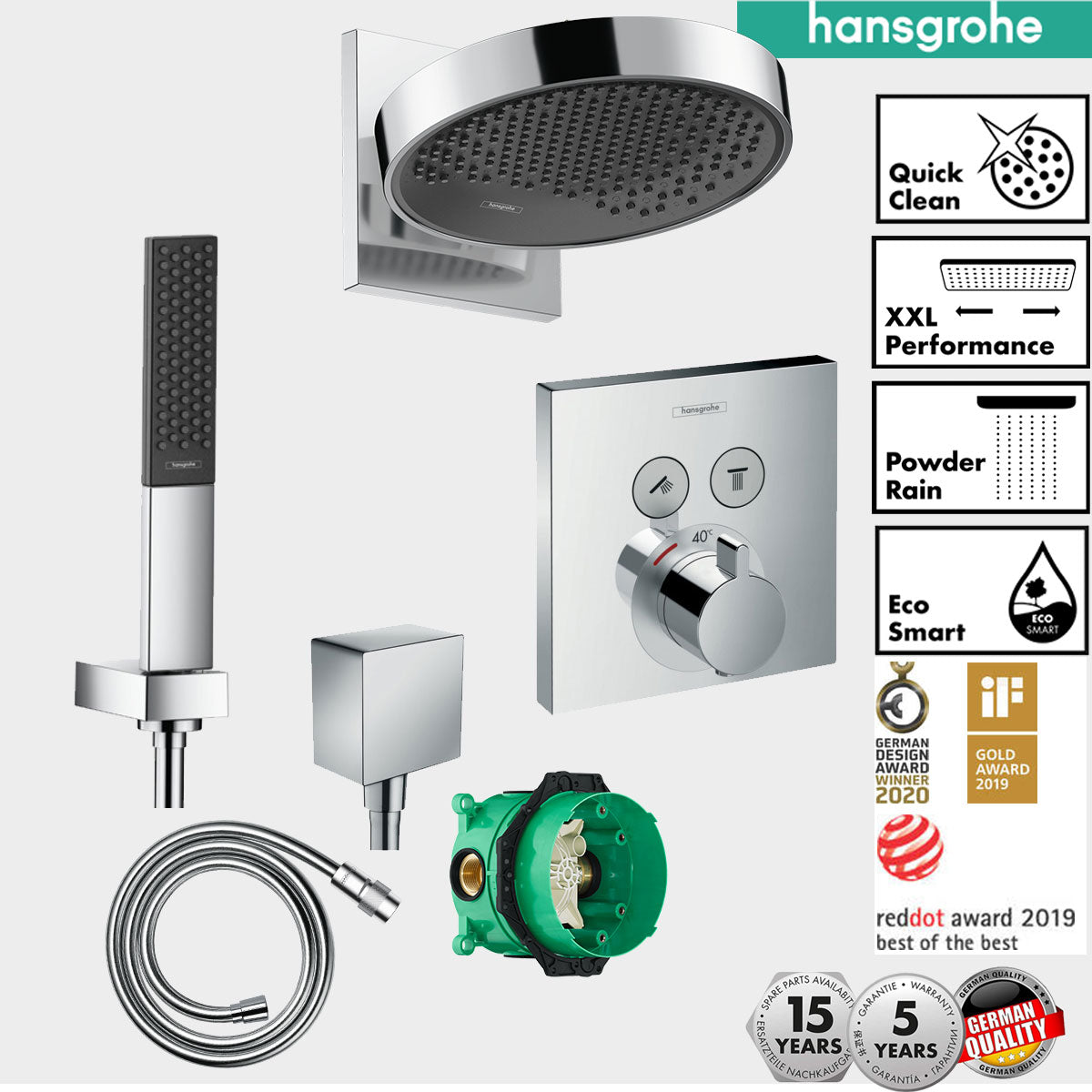 Hansgrohe Square Thermostatic Shower Valve With Rainfinity 250 Overhead & Baton Hand Shower