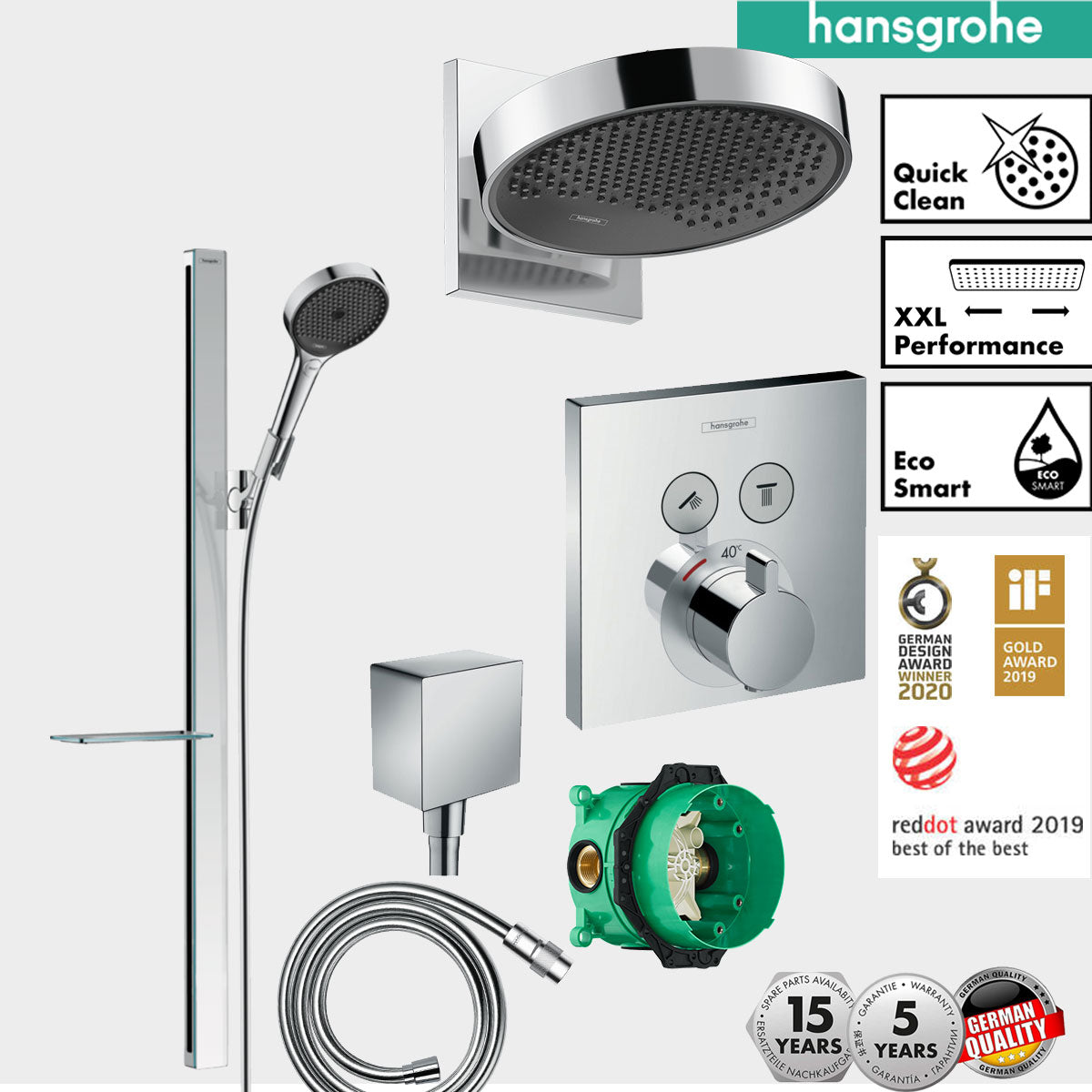Hansgrohe Square Thermostatic Shower Valve With Rainfinity 250 Overhead & Hand Shower Slide Rail Kit