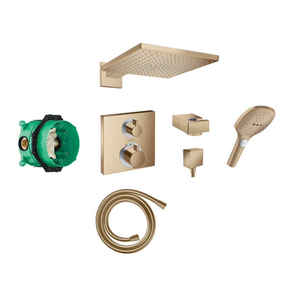 Hansgrohe Square Thermostatic Valve with Raindance 300 Overhead Shower & Handset Brushed Bronze