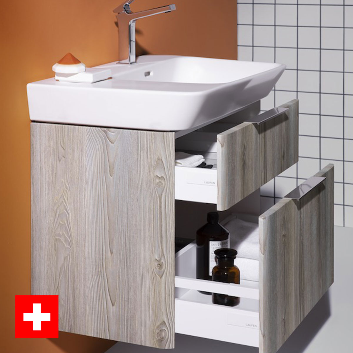 Laufen Moderna Two Drawer Wall Hung Vanity Washbasin Unit With Shelf Surface