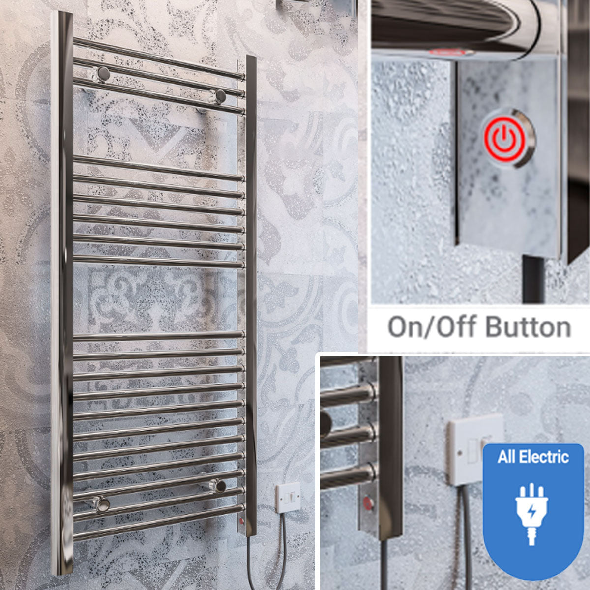 Madrid Dry Element Electric Heated Towel Rail With On & Off Button - Chrome