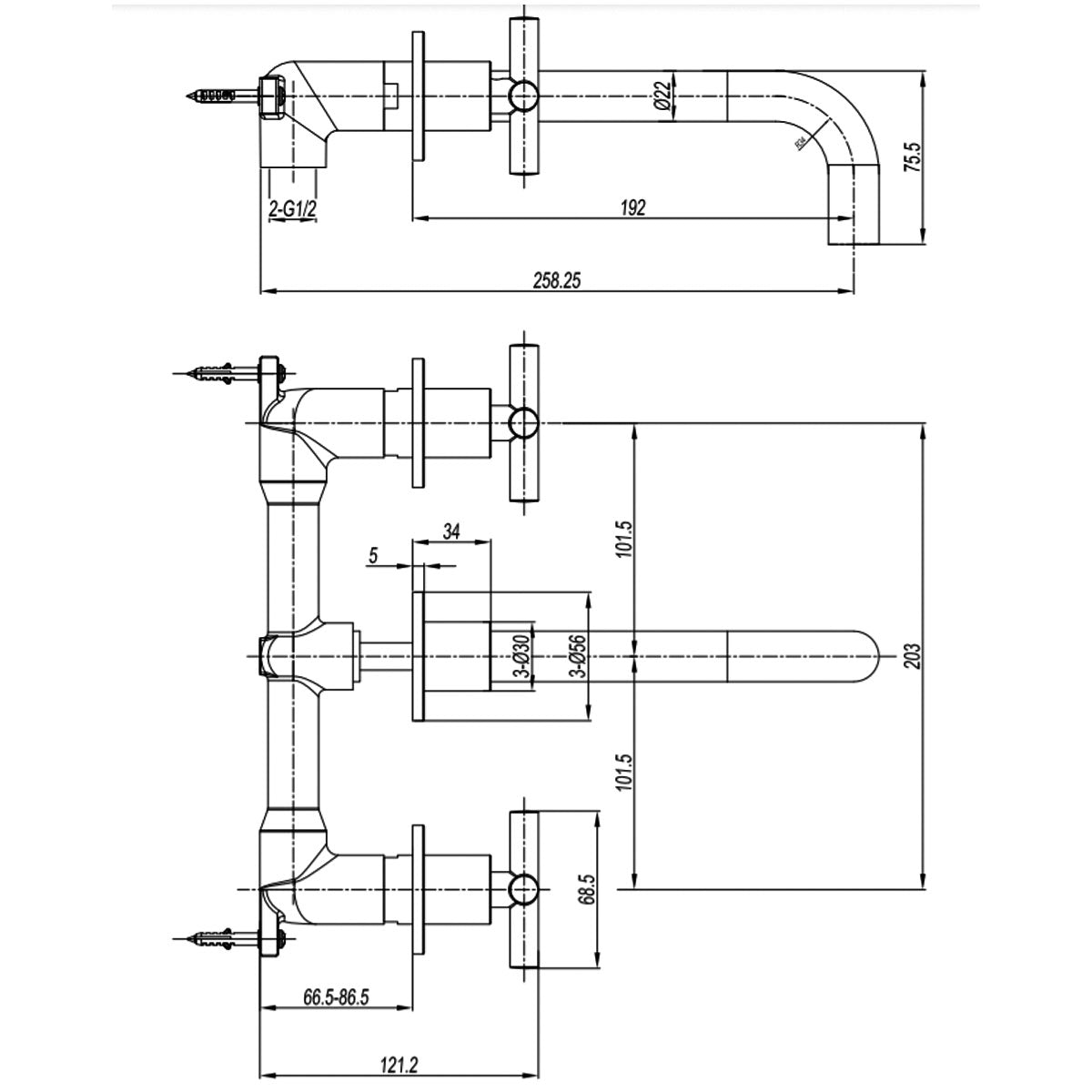 Crosswater MPRO Crosshead 3 Hole Wall Mounted Basin Mixer Tap