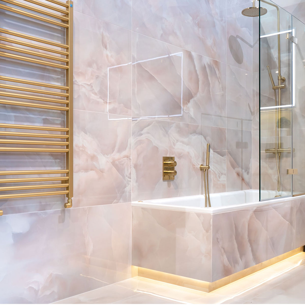 Deluxe Onyx Rose Marble Effect Porcelain Tile 60x120cm Gloss