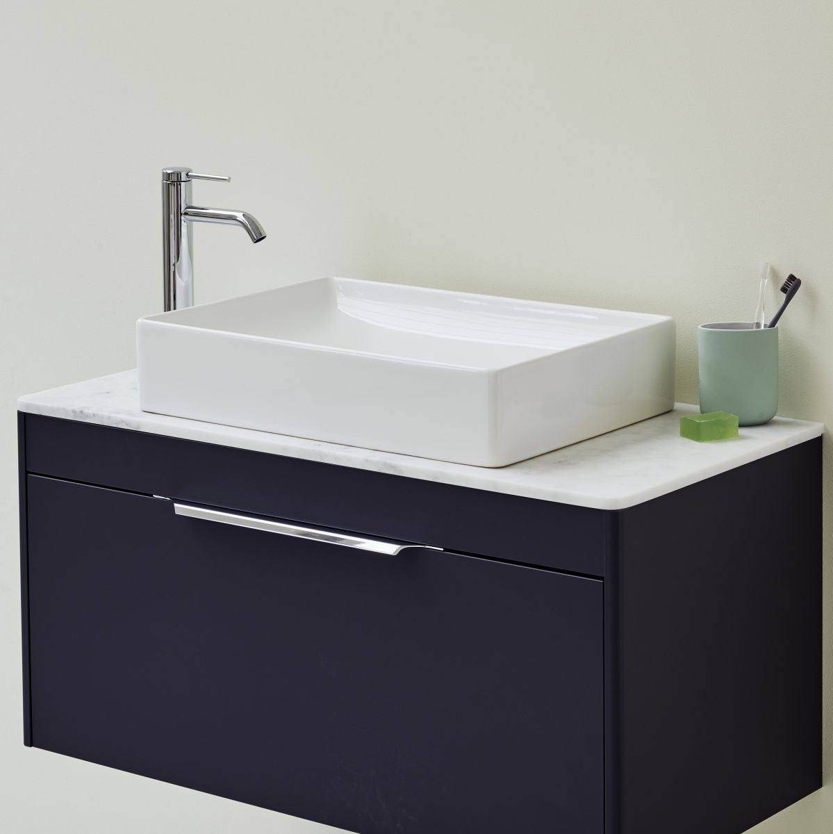 Shoreditch Single Drawer Wall Hung Vanity Unit With Worktop & Quad Basin