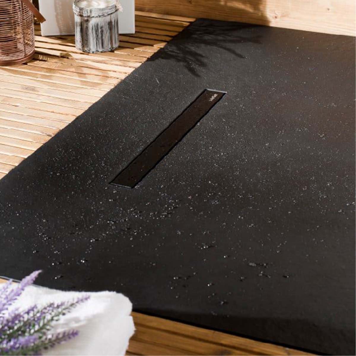 solidsoft soft slate flexible shower tray black linear drain close up