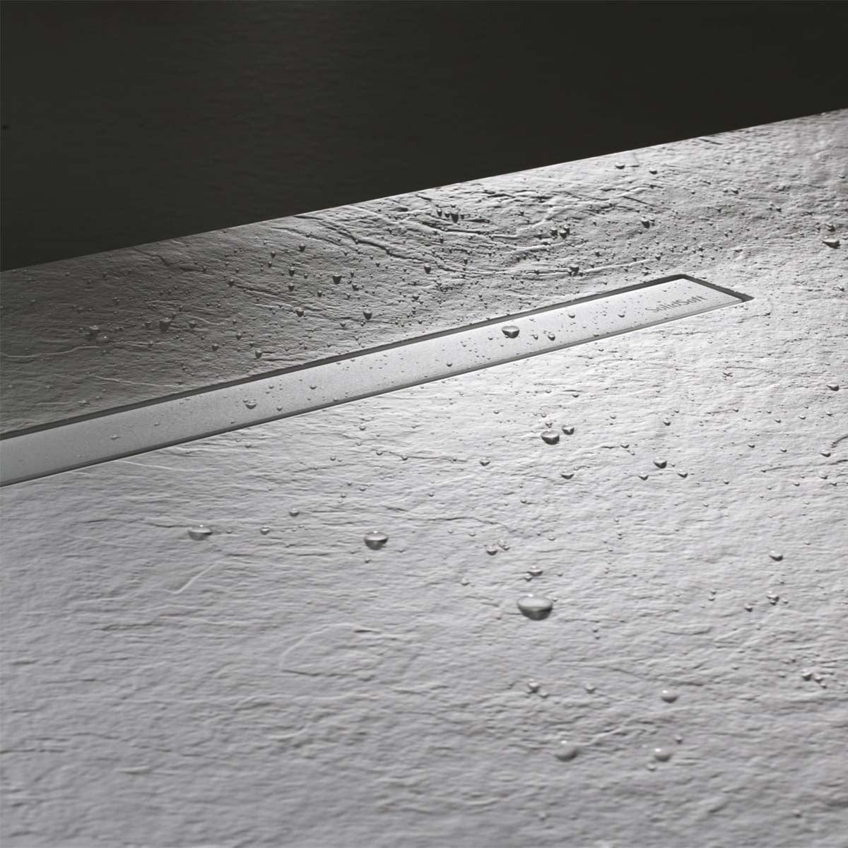 solidsoft soft slate flexible shower tray concrete linear drain close up