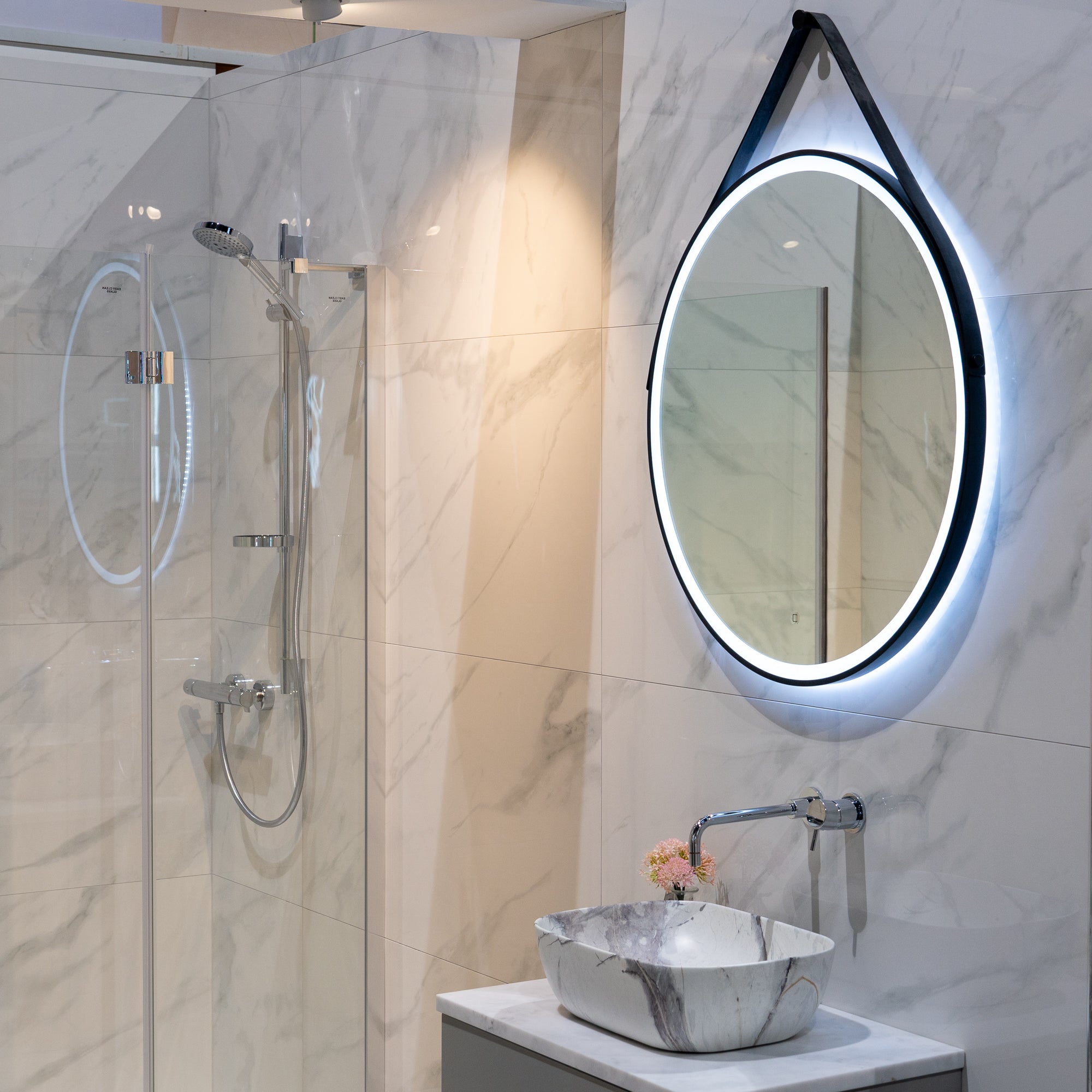 HiB Solstice Black Frame Round LED Mirror With Decorative Strap