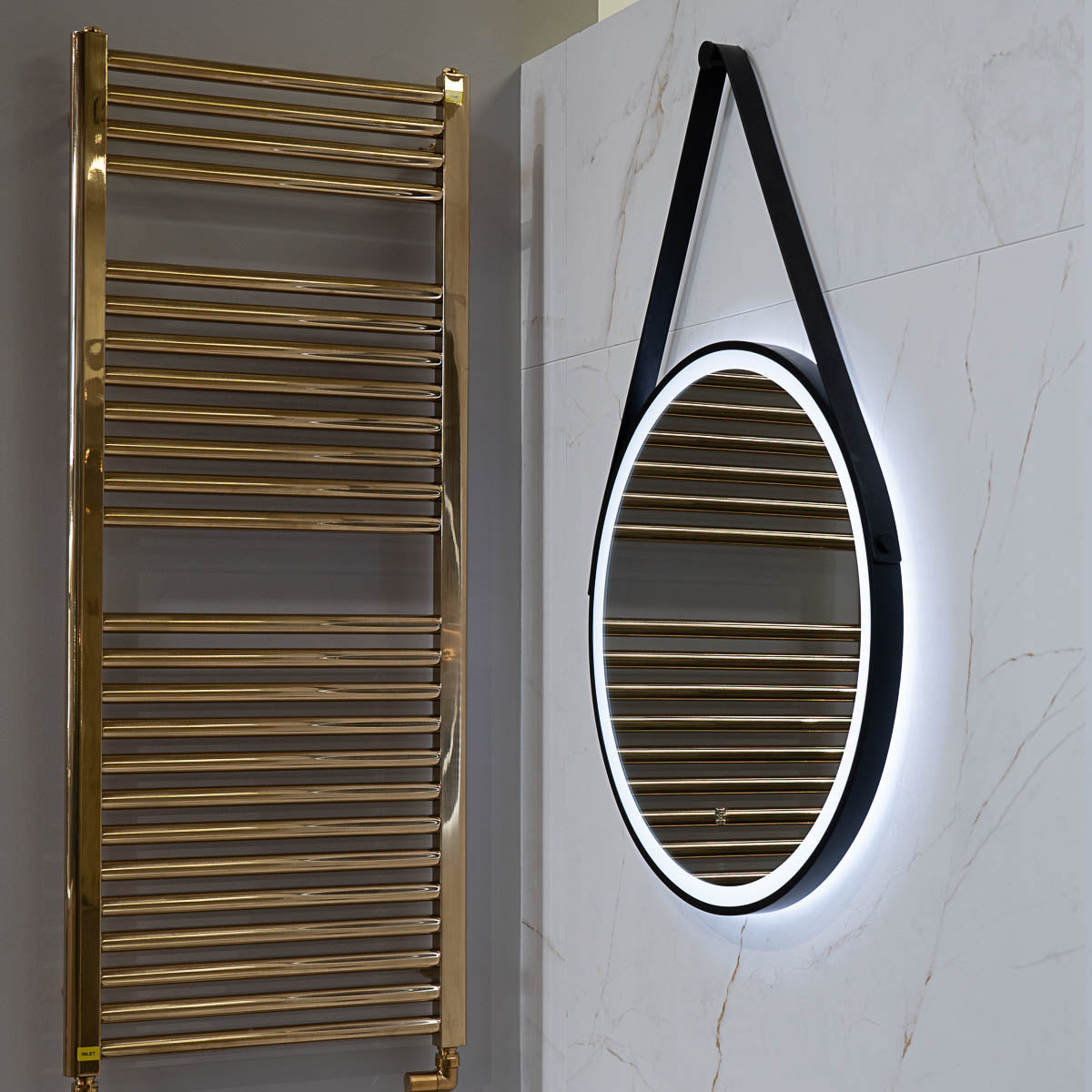HiB Solstice Black Frame Round LED Mirror With Decorative Strap