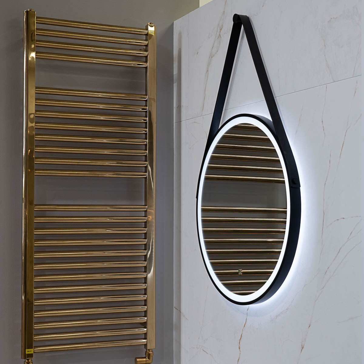 HiB Solstice Black Frame Round LED Mirror With Decorative Strap