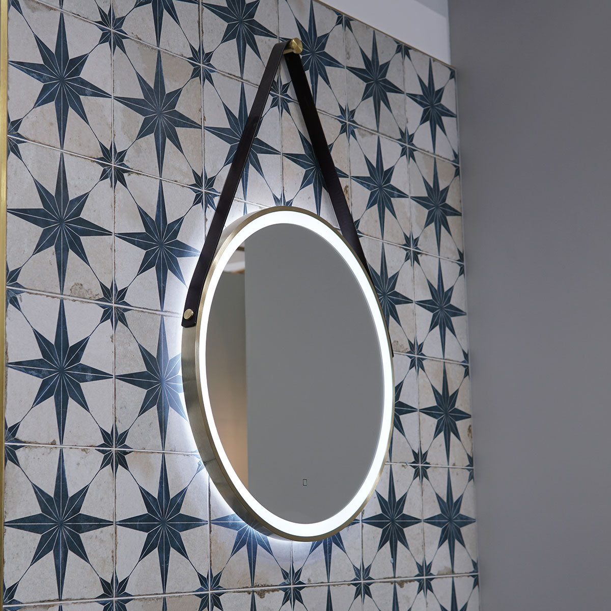 HiB Solstice Round LED Mirror With Brushed Brass Frame and Decorative Strap