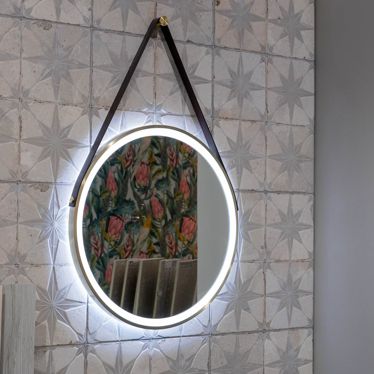 HiB Solstice Round LED Mirror With Brushed Brass Frame and Decorative Strap