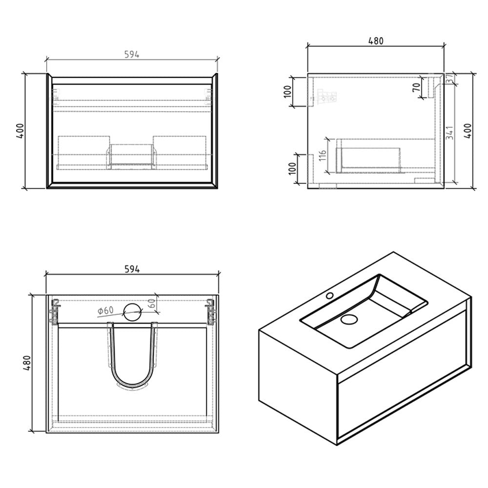 Sydney White & Oak Single Drawer Wall Hung Vanity Unit With White Basin