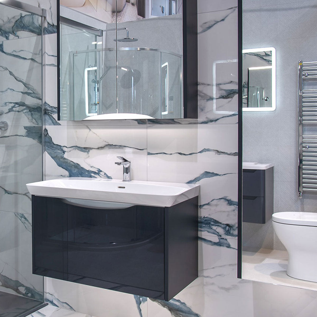 Utopia Lustre 1-Drawer Wall Hung Vanity Unit With Washbasin and LED Illumination - Indigo