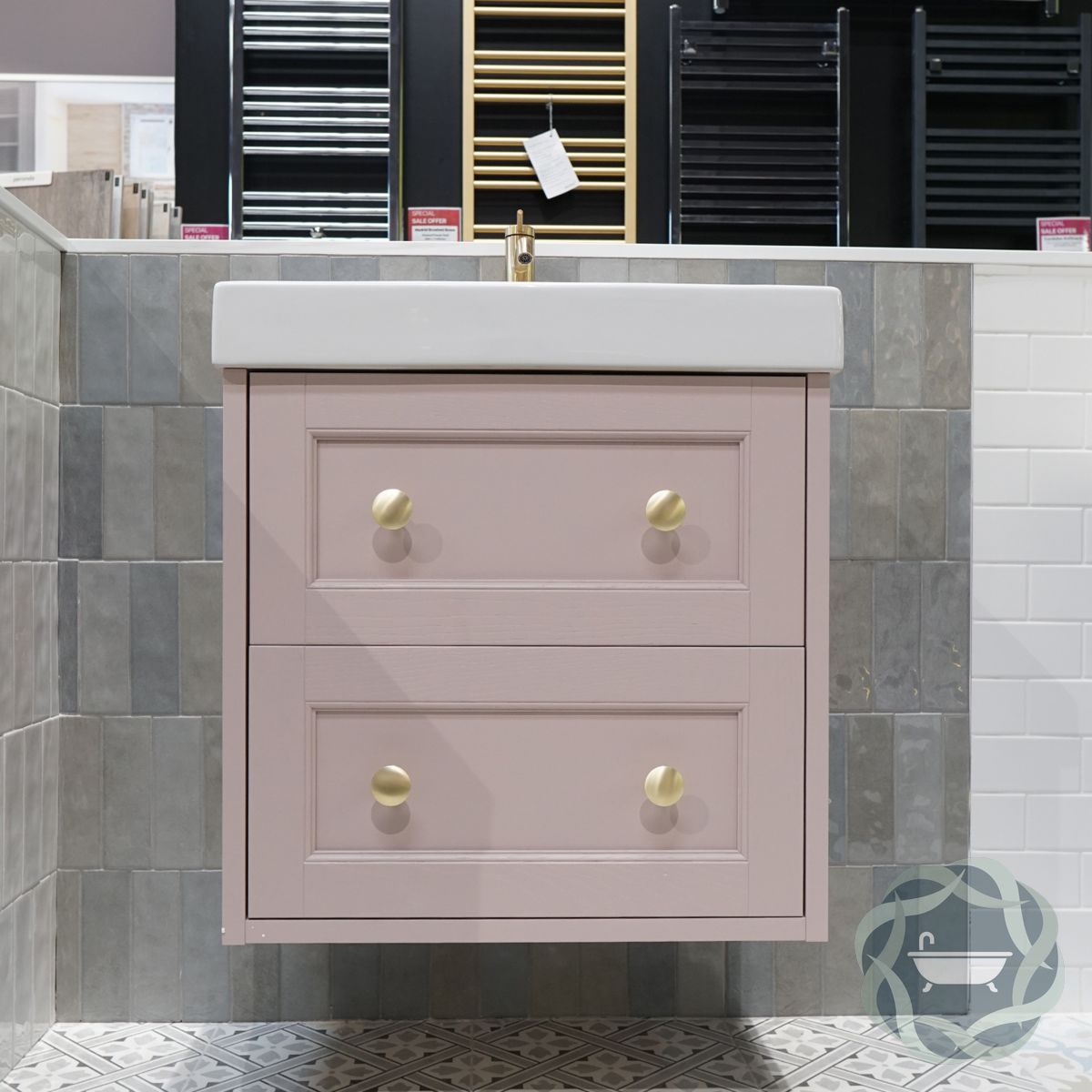 Roseberry 2 Drawer Wall Mounted Vanity Unit With Ceramic Slabtop Washbasin