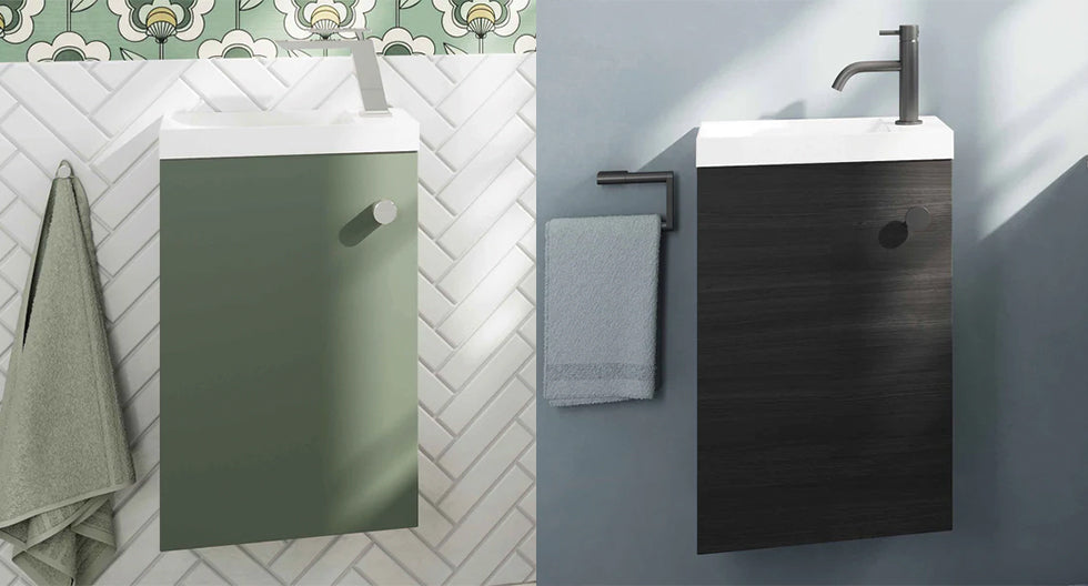 Two slim, low projection wall hung vanity units.