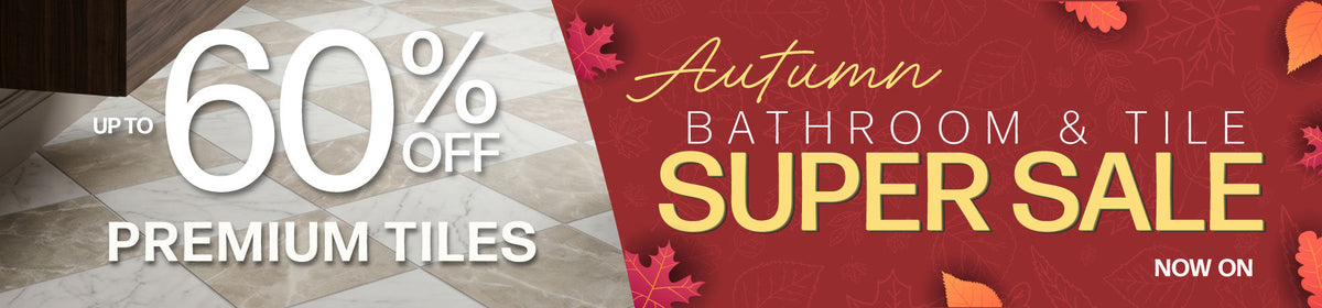 Promotional banner for an autumn bathroom and tile sale, featuring a green subway tiles on the wall and green patterned tiles on the floor.