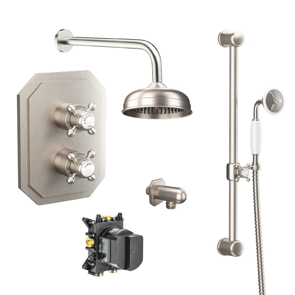 Belgravia shower set bundle with wall mounted showerhead and slide rail mounted handset in brushed nickel finish, supplied by Deluxe Bathrooms.