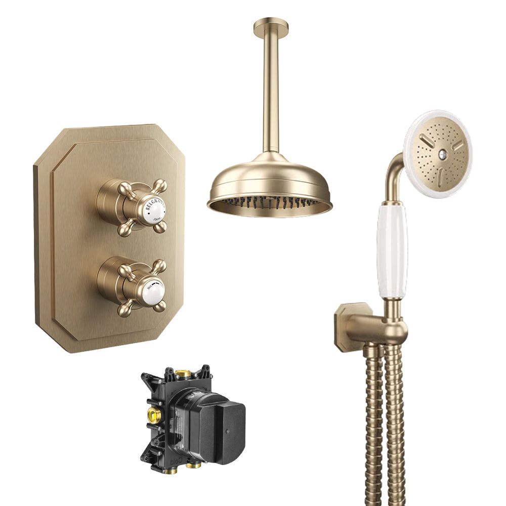 Belgravia shower set bundle with ceiling   mounted showerhead and wall mounted handset in brushed brass finish, supplied by Deluxe Bathrooms.