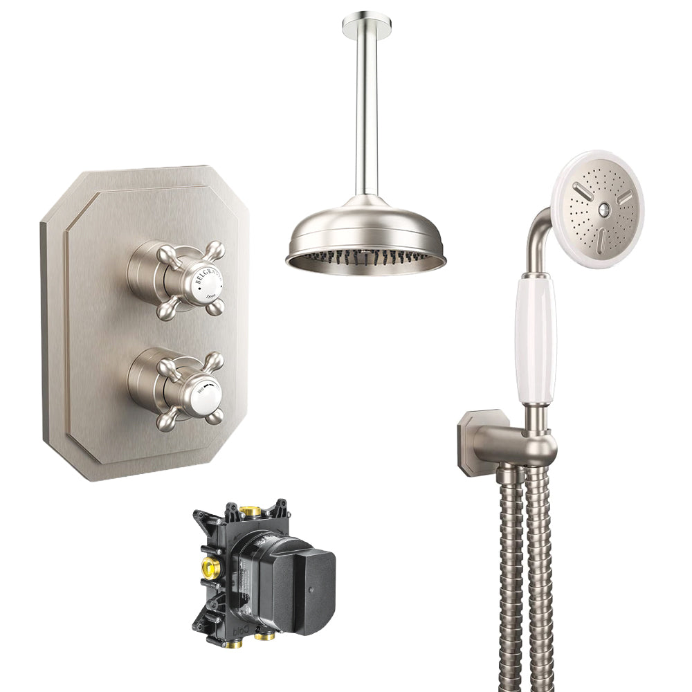 Belgravia shower set bundle with ceiling mounted showerhead and wall mounted outlet in brushed nickel finish, supplied by Deluxe Bathrooms.