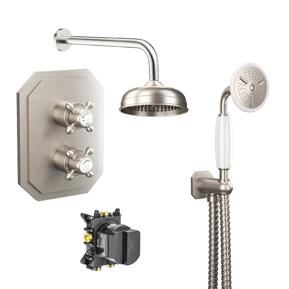 Belgravia shower set bundle with wall mounted showerhead and wall mounted outlet in brushed nickel finish, supplied by Deluxe Bathrooms.