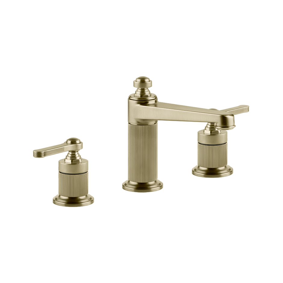 Gessi Venti20 Medium 3-Hole Basin Mixer in brass brushed finish, supplied by Deluxe Bathrooms.