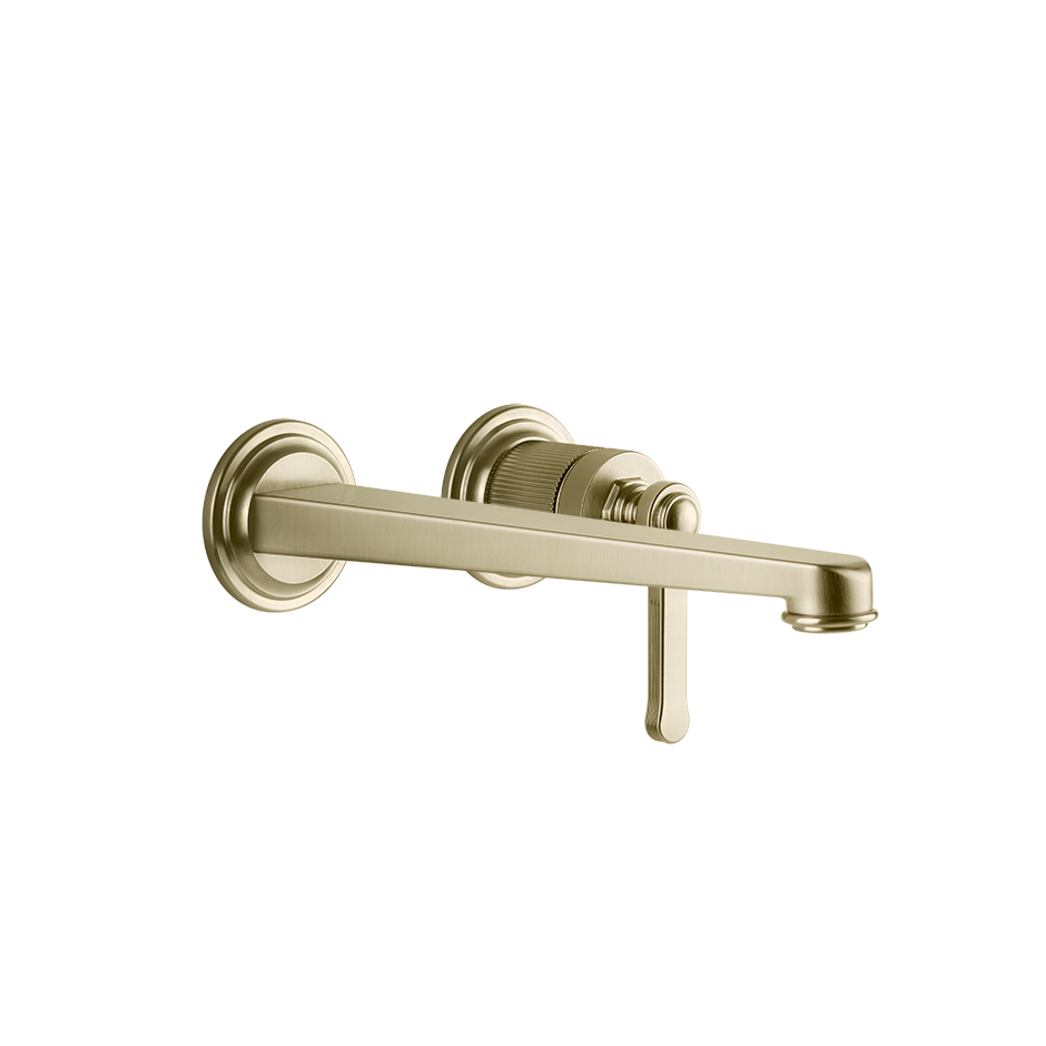 Gessi Venti20 Wall Mounted 2-Hole Long Spout Basin Mixer in brass brushed finish, supplied by Deluxe Bathrooms.