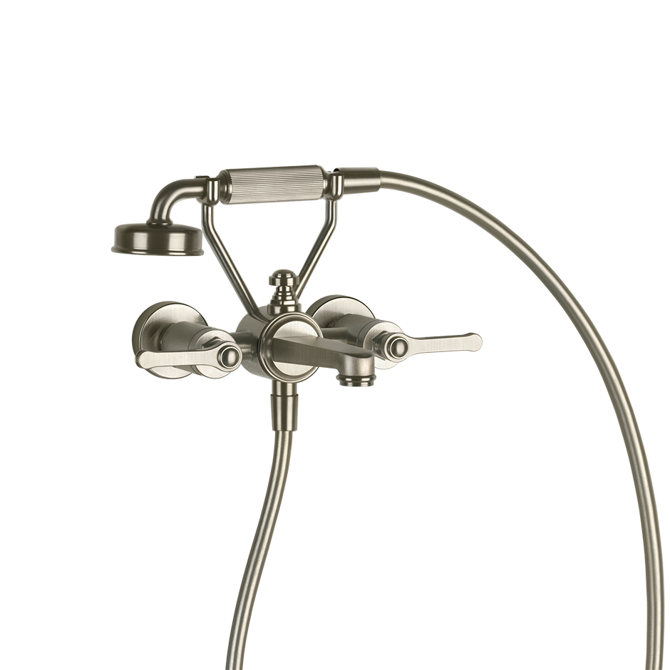 Gessi  Venti20 wall-mounted shower in the finox brushed nickel finish, with a flexible hose, adjustable shower head, and 2 lever handles.