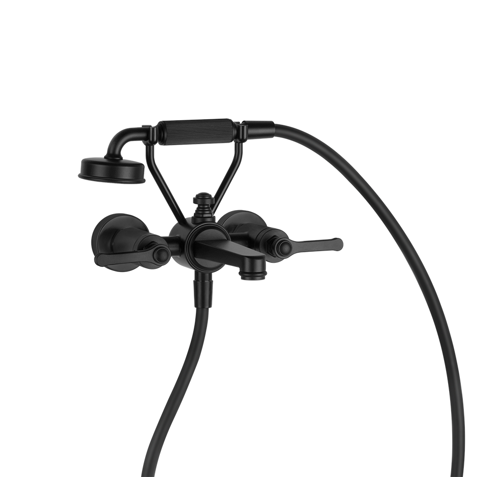 Gessi  Venti20 wall-mounted shower in the matt black finish, with a flexible hose, adjustable shower head, and 2 lever handles.
