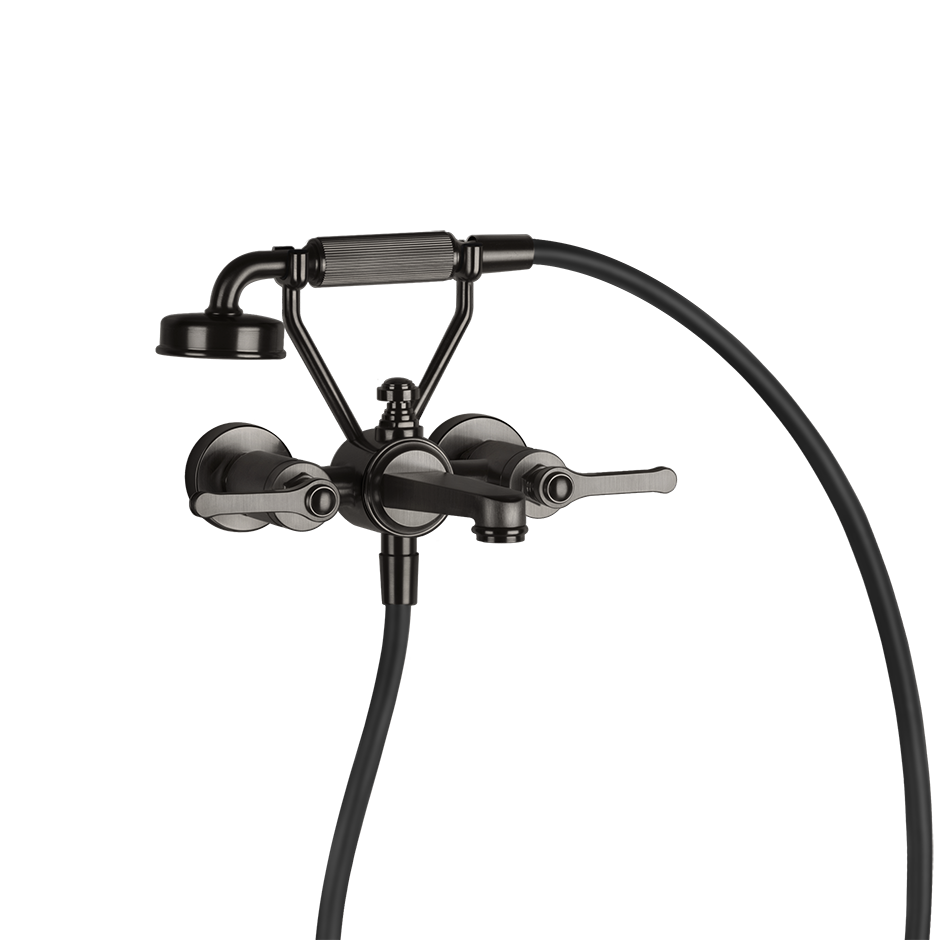 Gessi  Venti20 wall-mounted shower in the black metal brushed finish, with a flexible hose, adjustable shower head, and 2 lever handles.