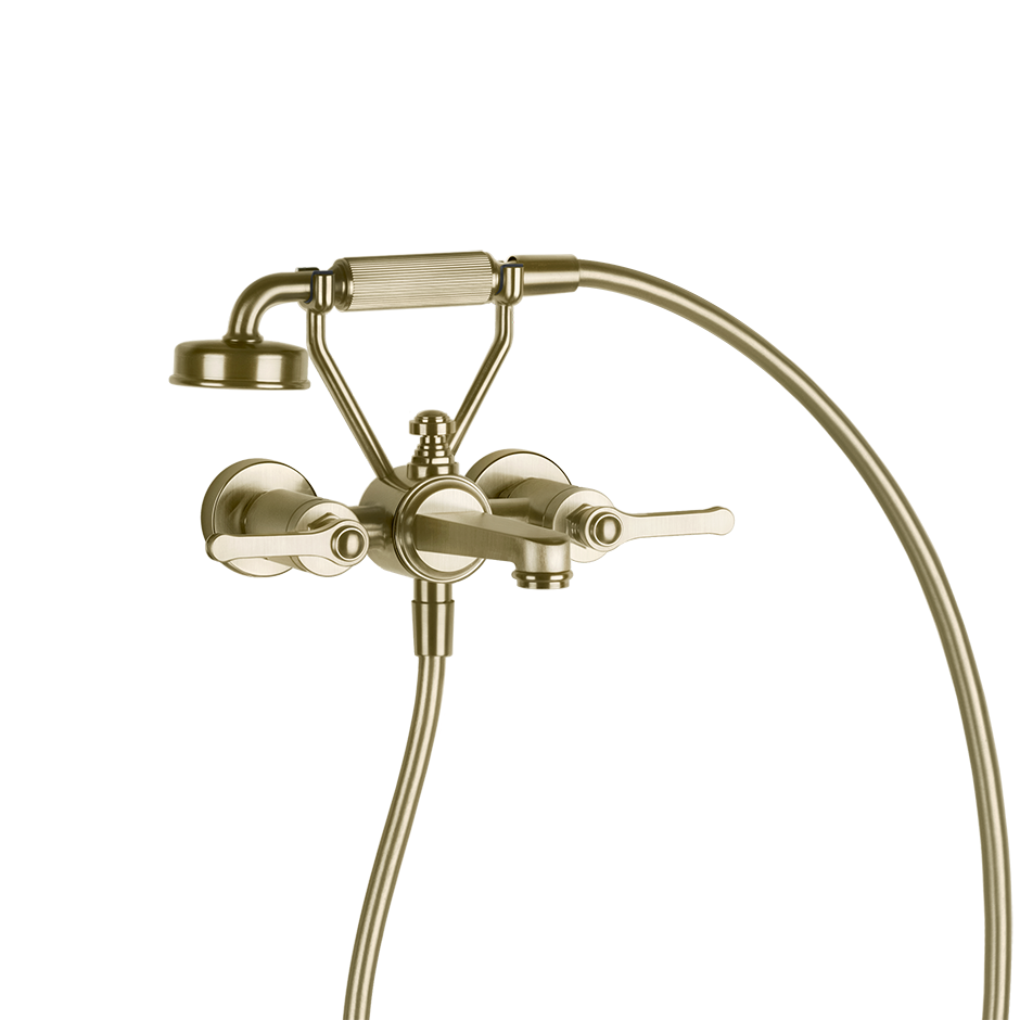 Gessi  Venti20 wall-mounted shower in the brass brushed finish, with a flexible hose, adjustable shower head, and 2 lever handles.