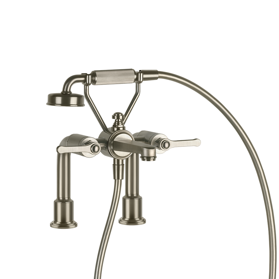 Gessi Venti20 Deck Mounted 2-Hole Bath-Shower Mixer in brushed nickel, supplied by Deluxe Bathrooms.
