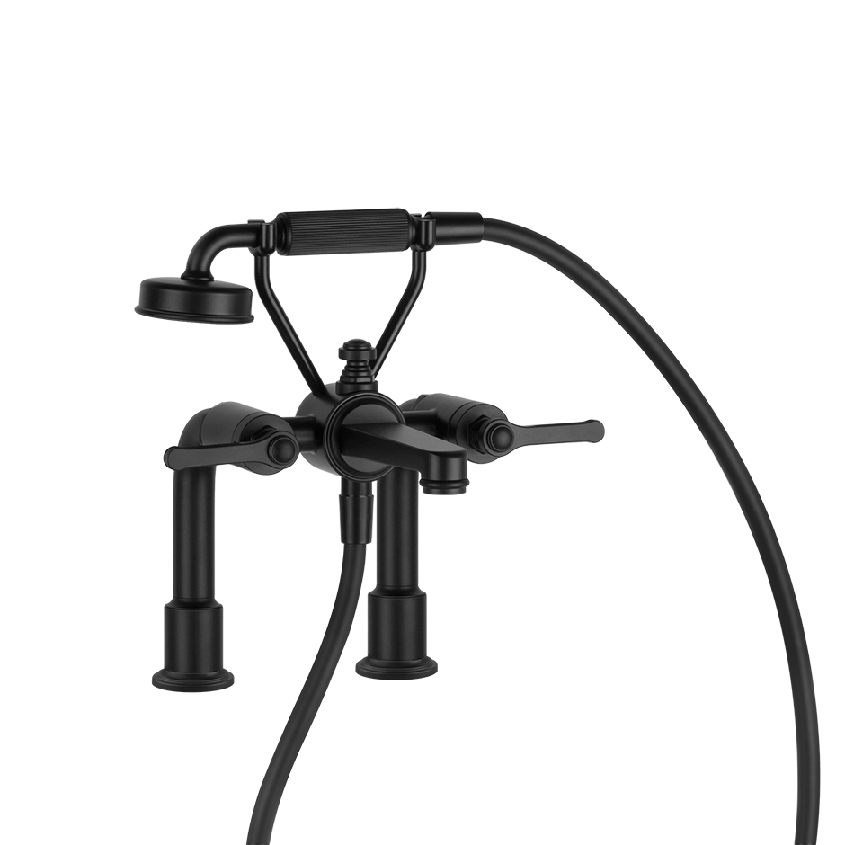 Gessi Venti20 Deck Mounted 2-Hole Bath-Shower Mixer in matt black, supplied by Deluxe Bathrooms.