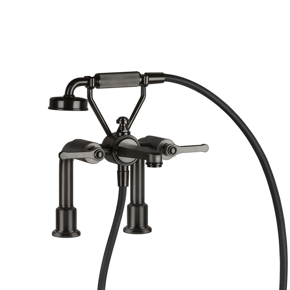 Gessi Venti20 Deck Mounted 2-Hole Bath-Shower Mixer in black metal brushed finish, supplied by Deluxe Bathrooms.