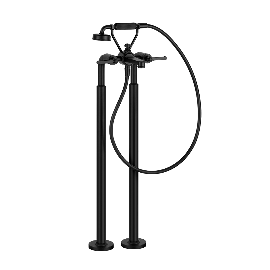Gessi Venti20 Freestanding Bath Shower Mixer in matt black finish, supplied by Deluxe Bathrooms.